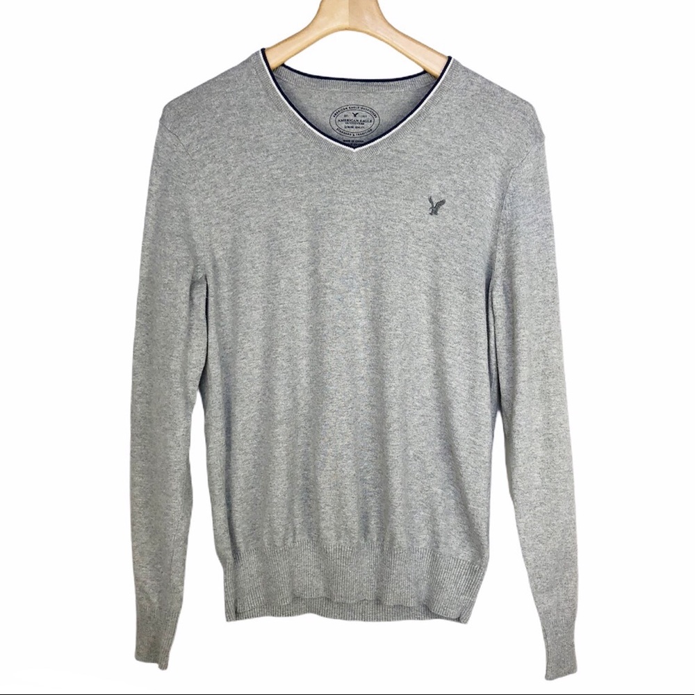 American Eagle Prep Fit V-Neck Sweater Gray Pullover Size Medium